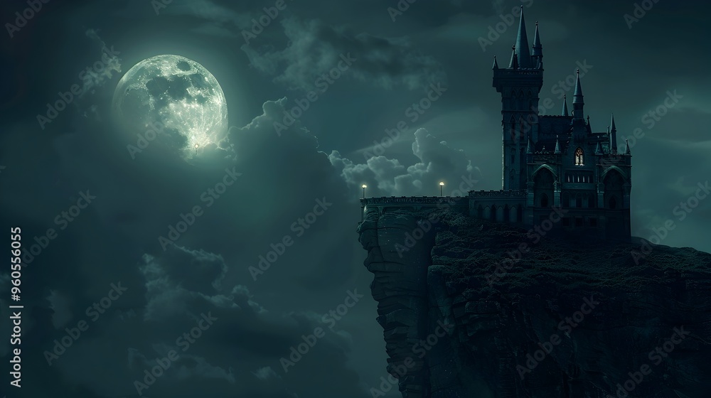 Ominous Gothic Castle Perched on Cliff Under Full Moon in Darkness Ominous Gothic Castle Perched on Cliff Under Full Moon in Darkness