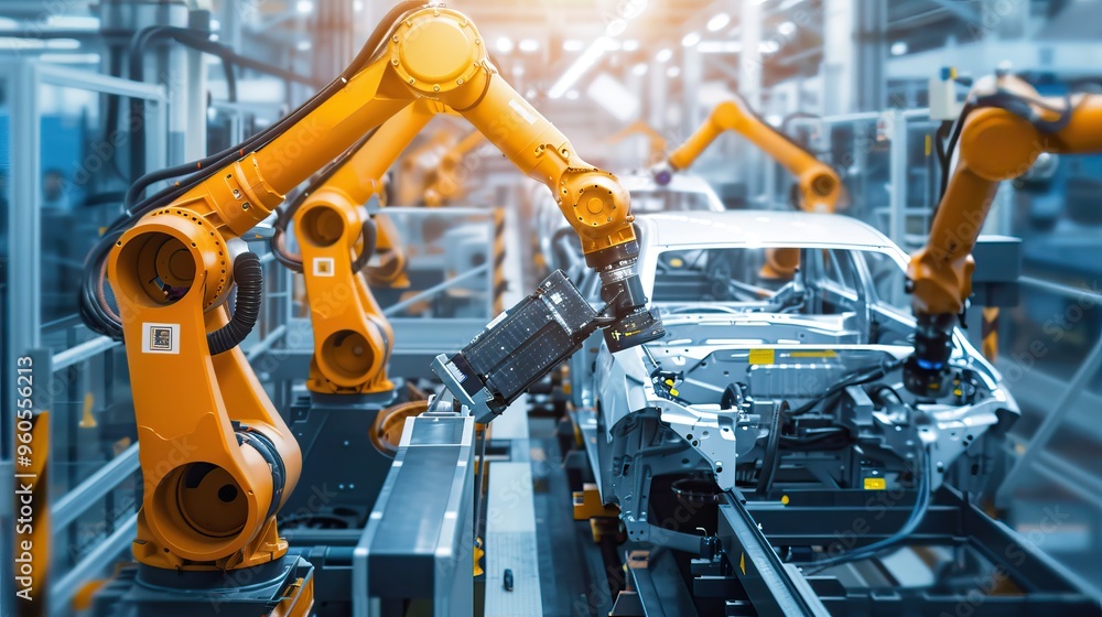 Industrial Robots Assembling a Car on a Production Line Industrial Robots Assembling a Car on a Production Line