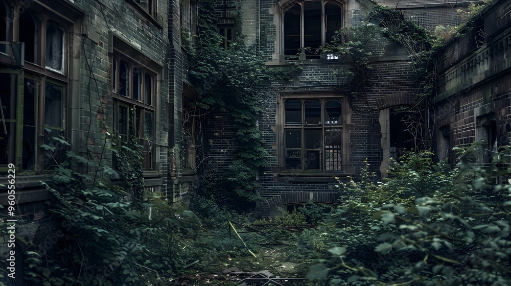 Eerie Abandoned Asylum Shrouded in Darkness and Mystery with Overgrown Weeds Eerie Abandoned Asylum Shrouded in Darkness and Mystery with Overgrown Weeds