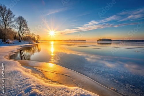 A minimalist serene photograph of the frozen lake shore at dawn with the sun rising in the distance casting a golden glow over the icy landscape, sunrise, reflection, glow, cold, sun photo