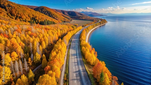 Autumn on the Circum Baikal Road to the south of Lake Baikal Bird s Eye View, landscape, Lake Baikal, scenery, aerial view, foliage, nature, south, travel, Russia,autumn, outdoors, road photo