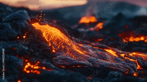 Close-up of newly erupted volcanic lava in Geldingadalur, Iceland. photo