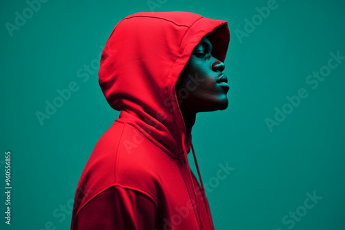 Chic Mens Lifestyle Portrait with Neon Red Hoodie and Solid Neon Green High Energy Fashion Background