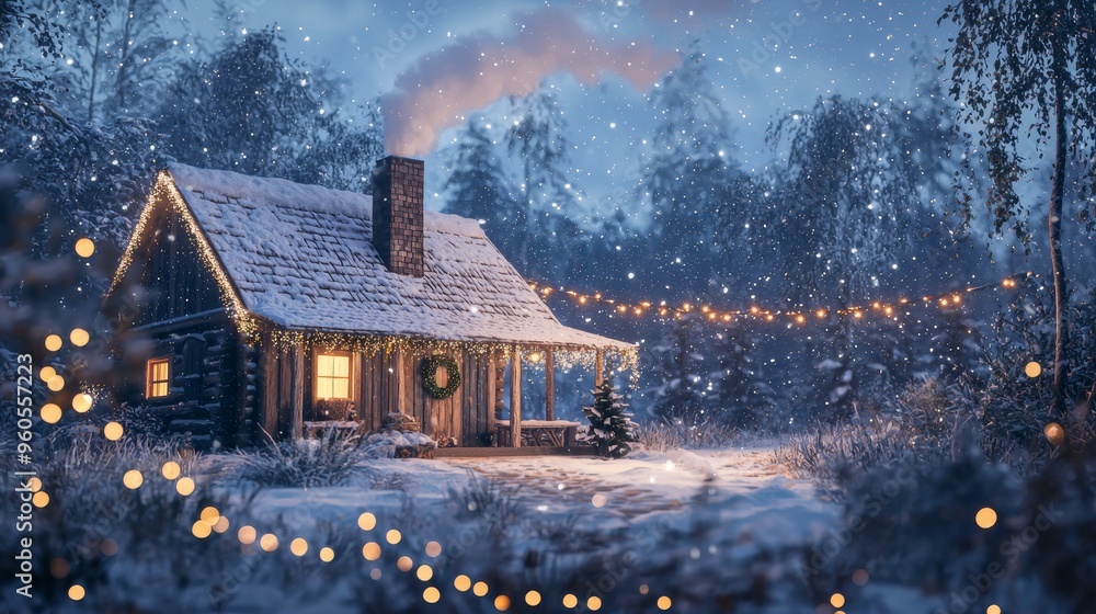 Cozy Winter Cabin with Christmas Lights in Snowy Countryside for Holiday Greeting Cards or Decor Cozy Winter Cabin with Christmas Lights in Snowy Countryside for Holiday Greeting Cards or Decor