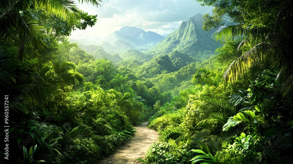 A winding trail meanders through an emerald jungle where towering trees and vibrant foliage bask in golden sunlight, inviting exploration and wonder A winding trail meanders through an emerald jungle where towering trees and vibrant foliage bask in golden sunlight, inviting exploration and wonder