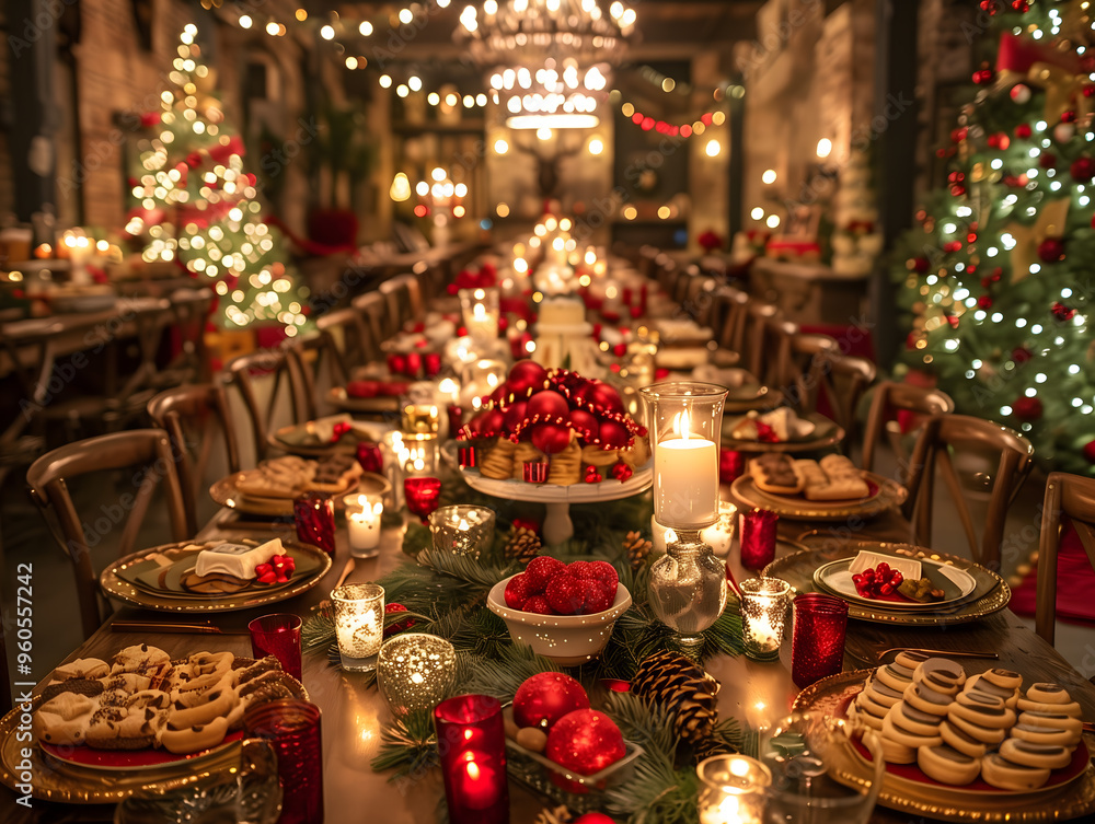 Festive Christmas Dinner Table Setting with Warm Decorative Lights Festive Christmas Dinner Table Setting with Warm Decorative Lights