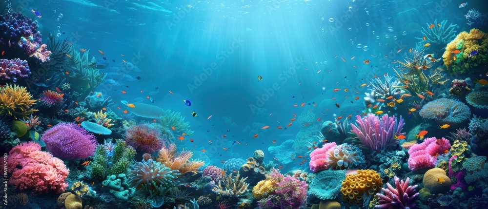 Fototapeta premium Tranquil Underwater Oasis: Diverse Marine Life in Vibrant Undersea Landscape