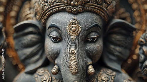 Close Up of Ganesha Hindu God Statue with Golden Details