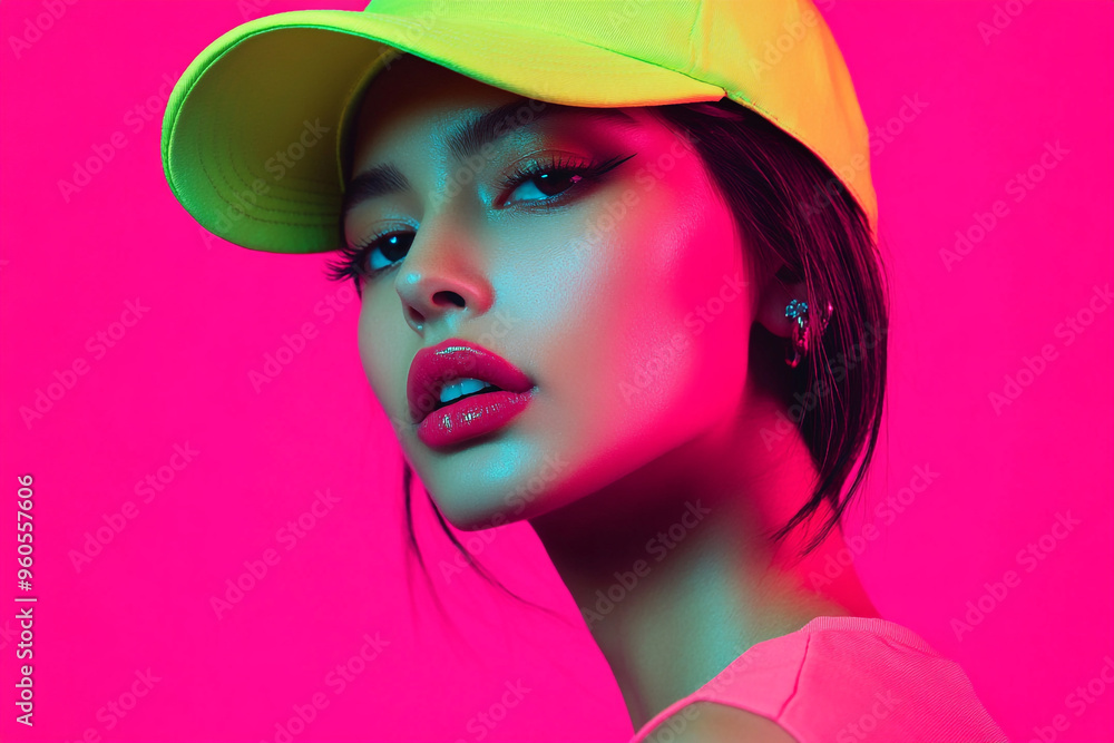 Trendsetting Neon Green Cap with Solid Neon Pink Fashion Lifestyle Portrait Background Trendsetting Neon Green Cap with Solid Neon Pink Fashion Lifestyle Portrait Background