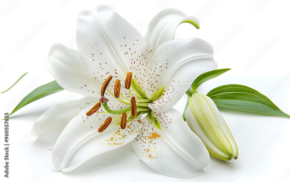 Obraz premium Elegant White Lily With Pristine Petals and Verdant Leaves Isolated on White