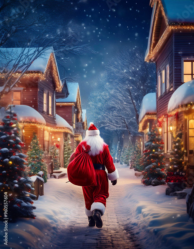 Papá Noel caminando por una calle adornada con luces de navidad con un saco de regalos