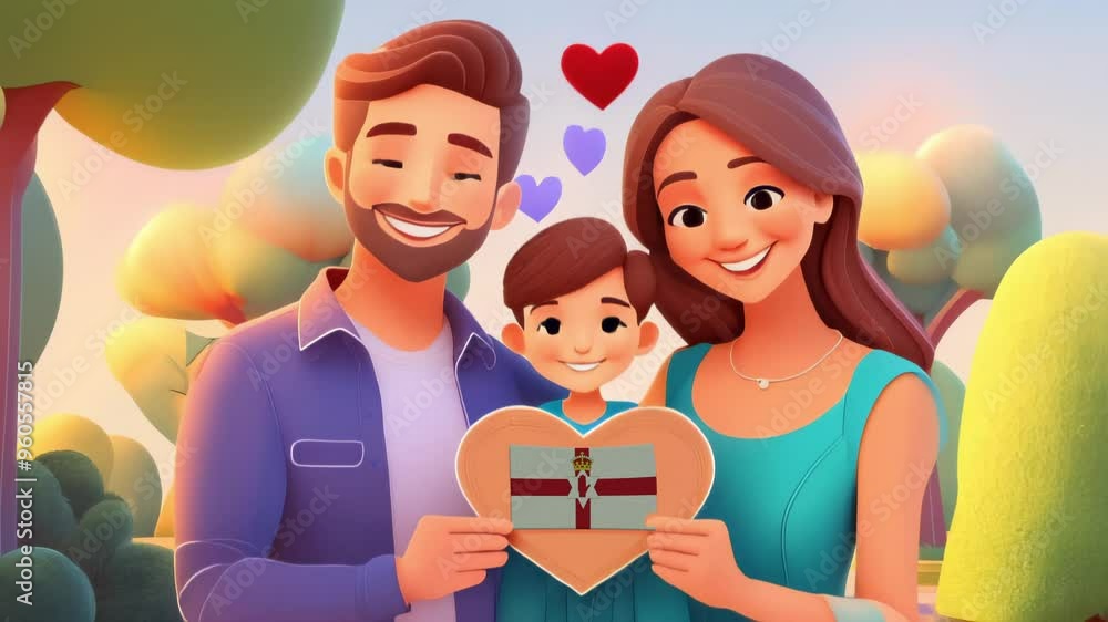 A Family Holding A Heart-Shaped Frame With North Ireland Flag, 3D Rendered A Family Holding A Heart-Shaped Frame With North Ireland Flag, 3D Rendered