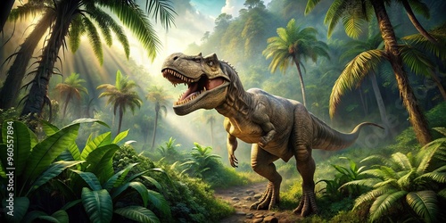 Fototapeta Naklejka Na Ścianę i Meble -  mic view of a majestic T Rex dinosaur roaming in a lush prehistoric jungle surrounded by towering ancient trees vibrant foliage and a breathtaking fisheye perspective capturing the expansive scenery