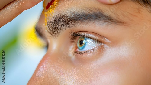 Closeup of Blue Eyes with Yellow and Red Tika photo