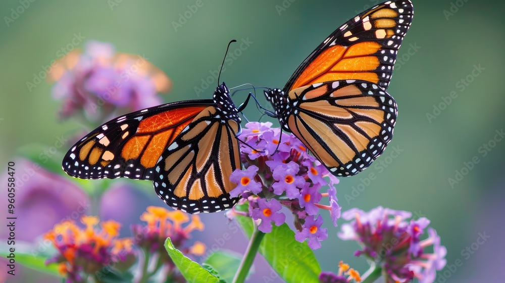 Fototapeta premium Monarch Butterflies on Purple Flowers