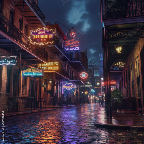 hyper-realistic depiction of Bourbon Street in New Orleans