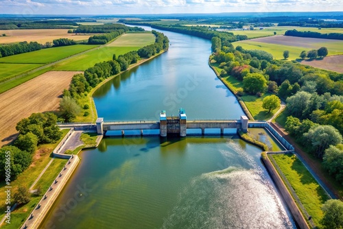 river, intake,aerial, water sample, view, stock photo, Aerial view of water abstraction from the river s intake photo