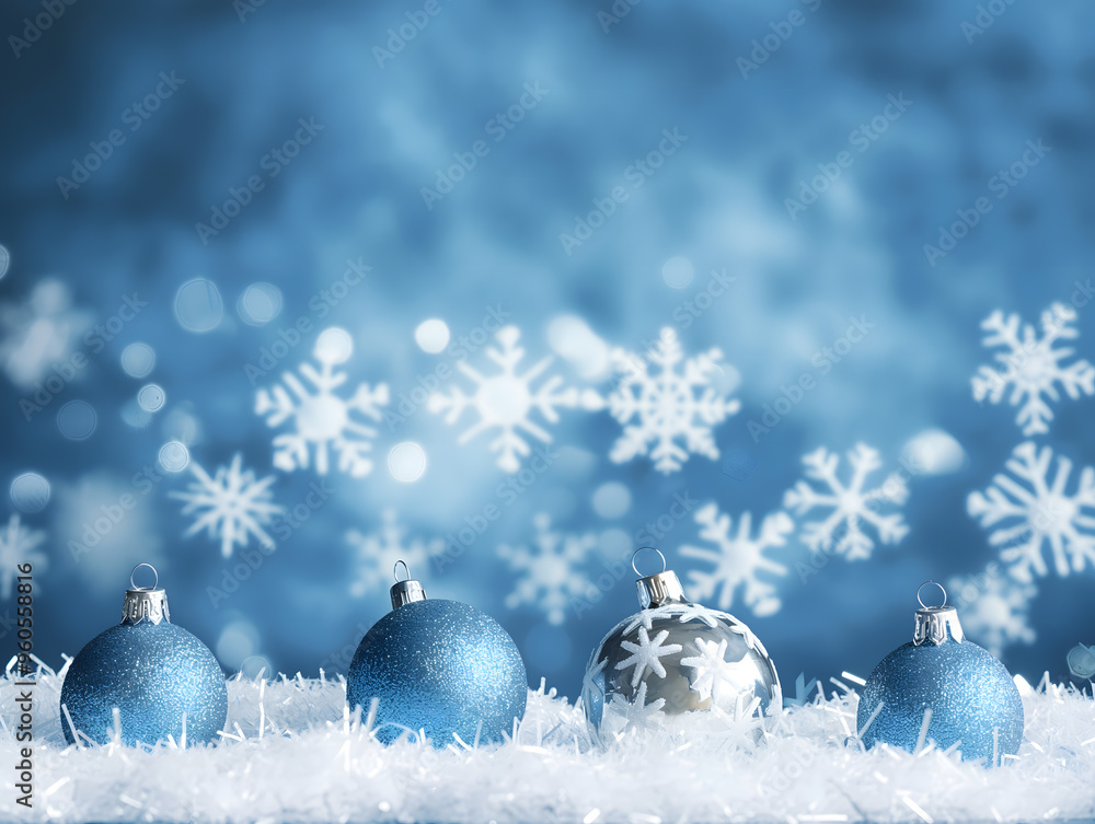 Sparkling Blue Christmas Balls on Snow with Snowflake Background Sparkling Blue Christmas Balls on Snow with Snowflake Background