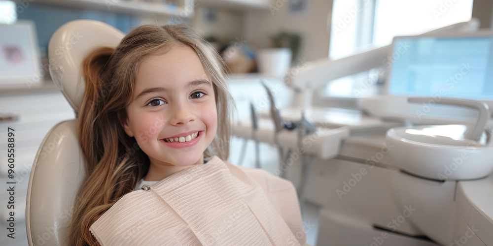 Happy little girl smiles carefree while sitting on a dental chair at a dentist appointment. Happy little girl smiles carefree while sitting on a dental chair at a dentist appointment.