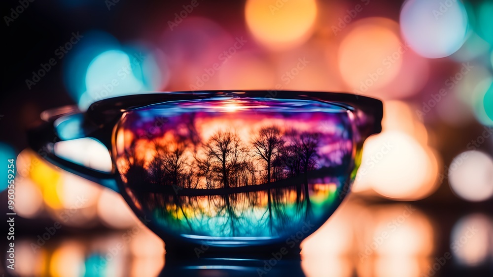 Abstract Sunset Reflection in Glass Cup with Bokeh Lights Abstract Sunset Reflection in Glass Cup with Bokeh Lights
