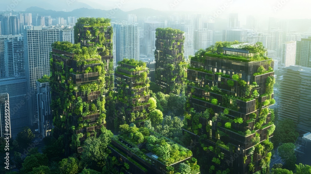 Obraz premium Aerial view of futuristic eco-friendly skyscrapers adorned with lush greenery integrated into the urban landscape of a modern city.
