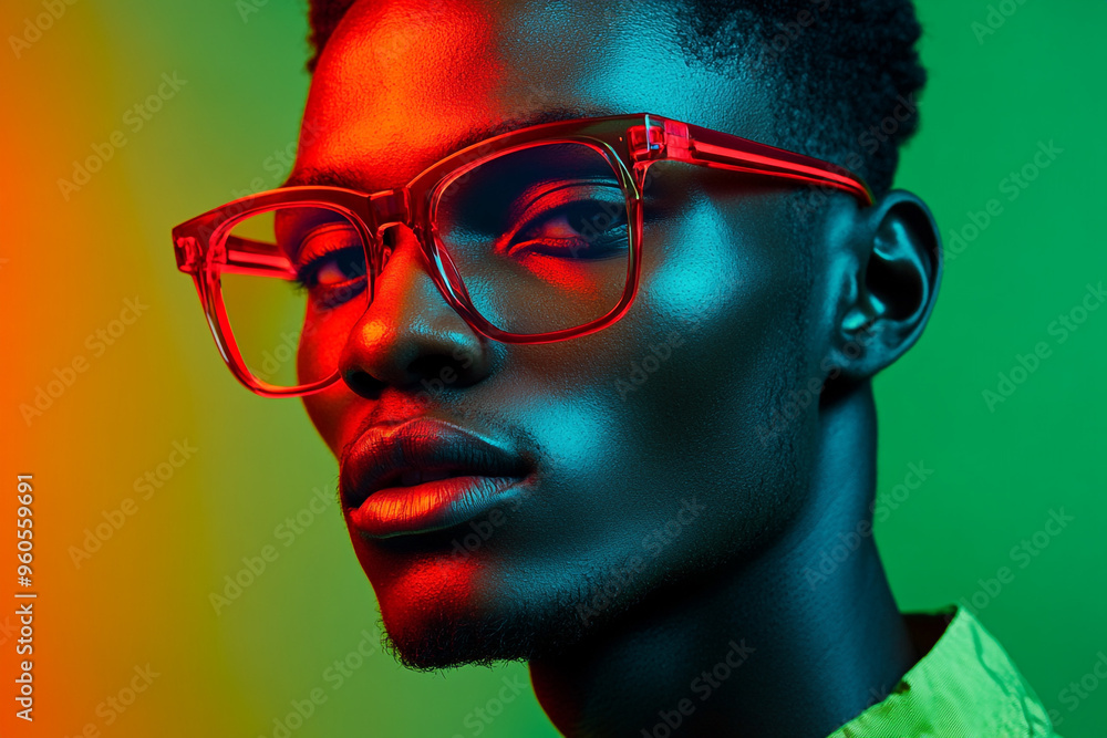 Mens Neon Red Eyewear with Solid Neon Green Trendy Portrait Featuring Neon Red Eyewear Against a Neon Green Background Mens Neon Red Eyewear with Solid Neon Green Trendy Portrait Featuring Neon Red Eyewear Against a Neon Green Background
