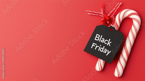 Festive candy cane with a Black Friday tag on a vibrant red background, perfect for holiday promotions and seasonal advertisements.
