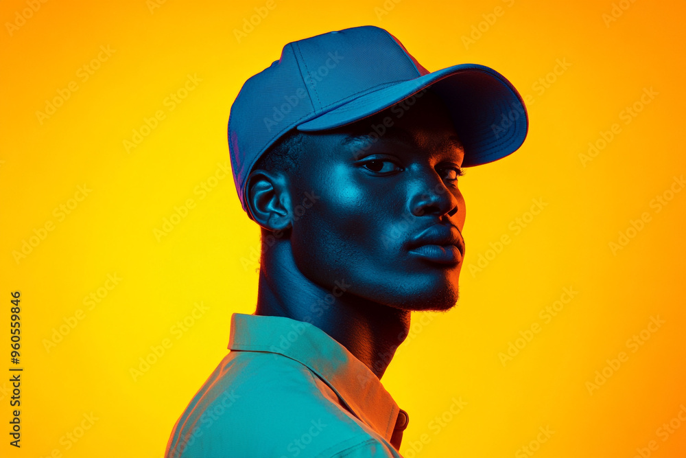 Mens Neon Blue Snapback with Neon Yellow Cool Lifestyle Portrait, Trendy Fashion Background Mens Neon Blue Snapback with Neon Yellow Cool Lifestyle Portrait, Trendy Fashion Background