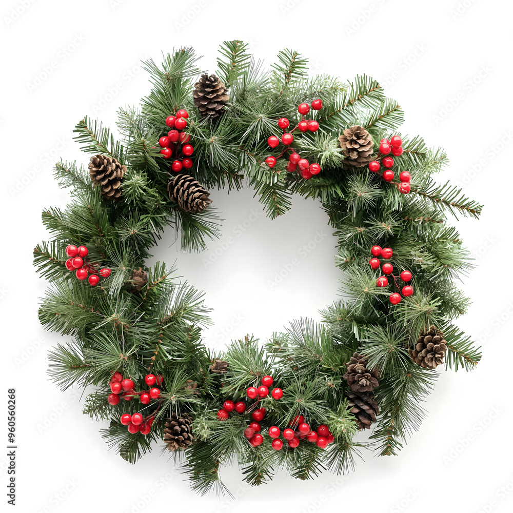 Festive Holiday Wreath with Pine Cones and Red Berries on White Background Festive Holiday Wreath with Pine Cones and Red Berries on White Background