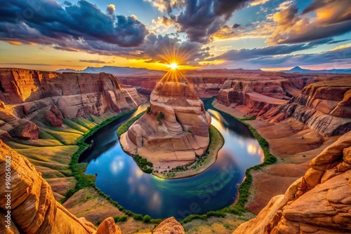 ty of a grand canyon sunset at Horseshoe Bend Arizona near Page Arizona taken using a fisheye lens featuring vibrant colors dramatic cliffs and the iconic horseshoe shaped bend of the Colorado River