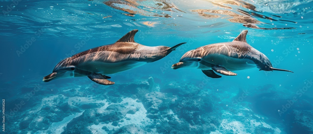 Obraz premium Serene Playfulness: Pair of Dolphins Dancing in Sunlit Open Ocean Waters