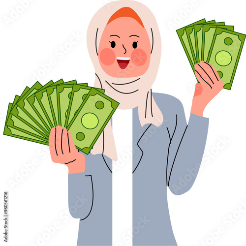 Muslim Woman Holding Money Vector