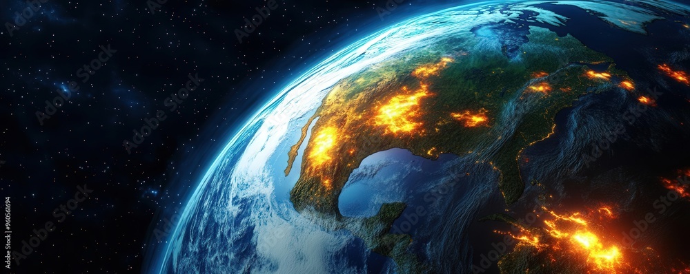 Obraz premium A stunning view of Earth from space, highlighting vibrant colors and dramatic flames reflecting its dynamic nature.