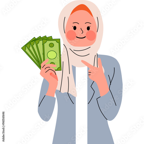 Muslim Woman Holding Money Vector