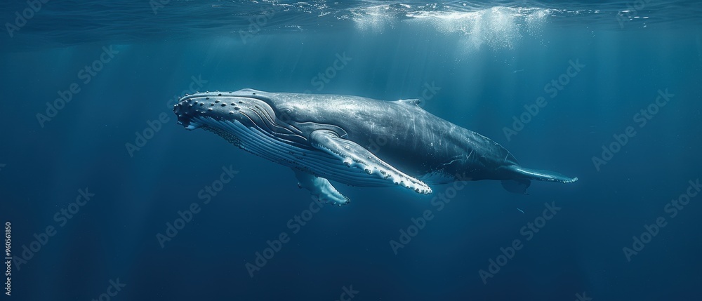 Fototapeta premium Graceful Humpback Whale Gliding near the Surface, Majestic Marine Mammal with Powerful Presence