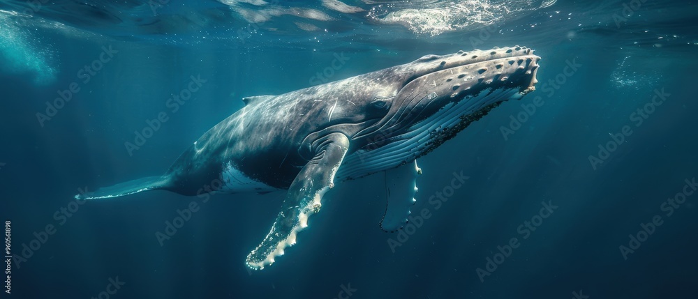 Fototapeta premium Majestic Humpback Whale Gliding Gracefully: Powerful Image of a Massive Marine Mammal Near the Surface