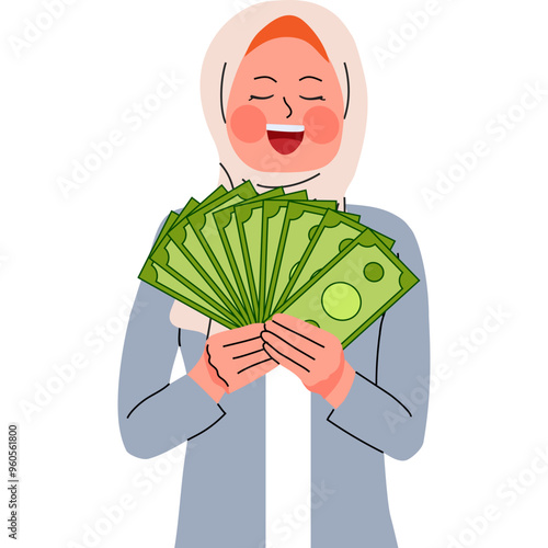 Muslim Woman Holding Money Vector