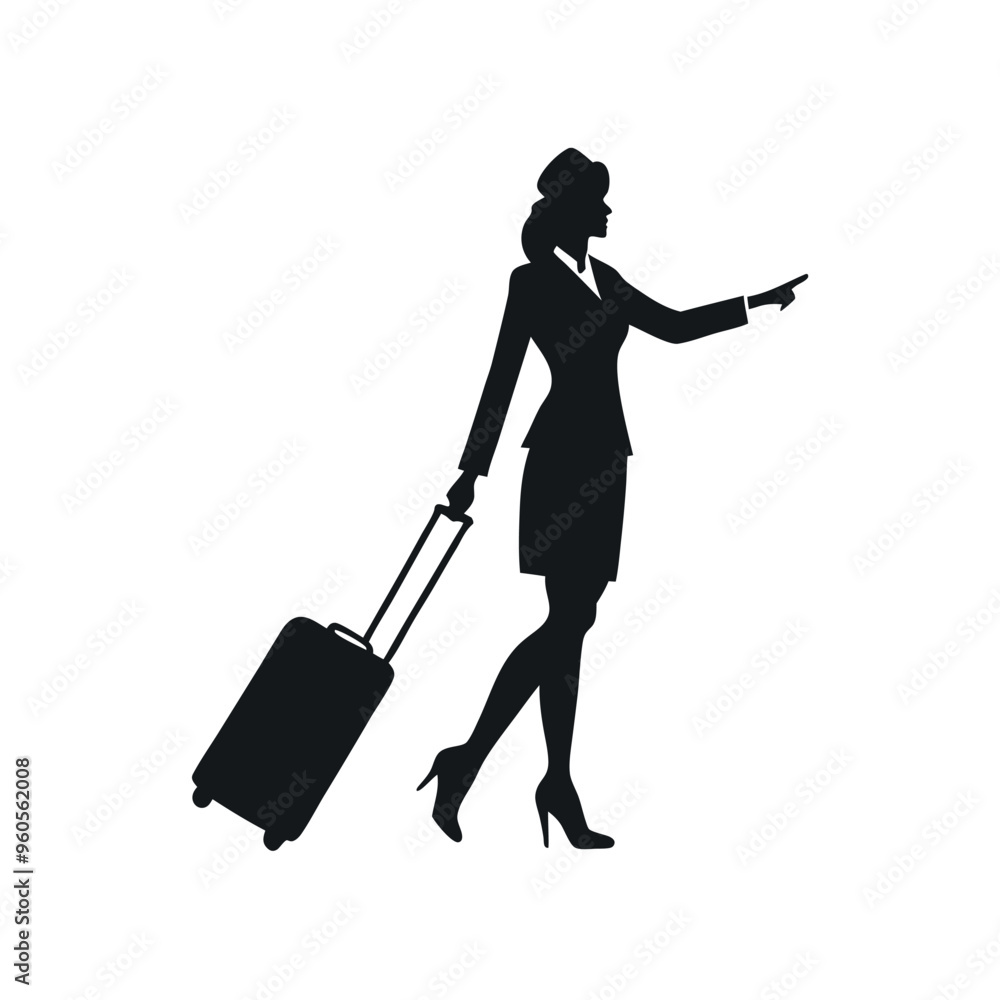 a Air hostess Illustration walking with the suitcase. vector illustration silhouette, isolated white background a Air hostess Illustration walking with the suitcase. vector illustration silhouette, isolated white background