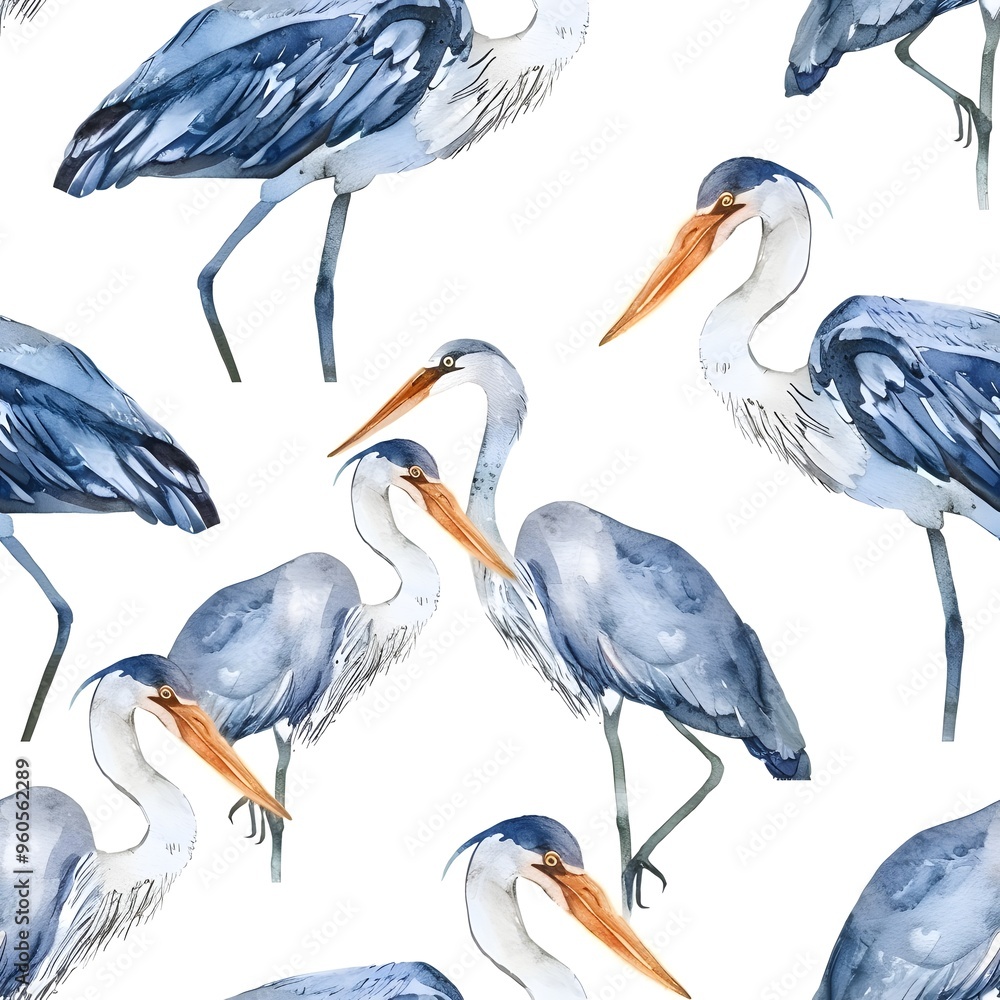 Obraz premium A seamless pattern of white storks with black wingtips against a soft pink background.