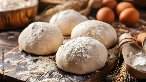 Fresh dough and flour on a board. dough for pizza or bread