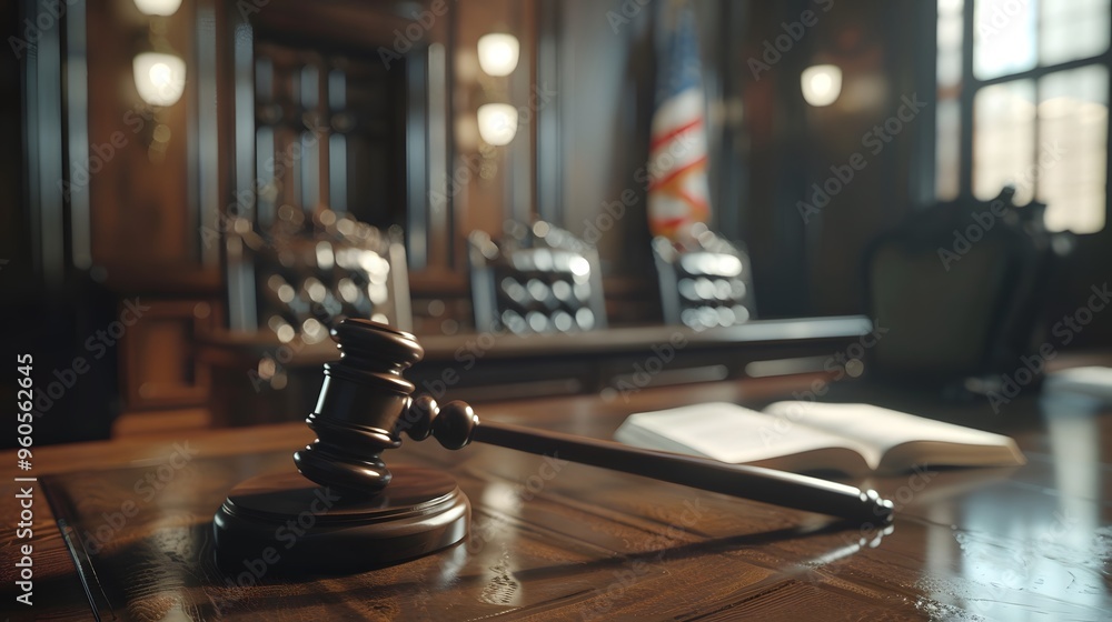 Isolated close-up of worn wooden gavel hammer on desk in dimly lit empty courtroom, representing law and justice. Isolated close-up of worn wooden gavel hammer on desk in dimly lit empty courtroom, representing law and justice.