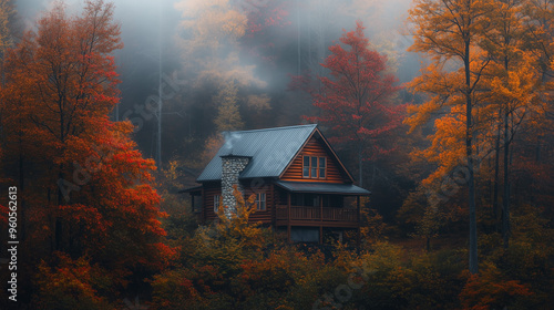 A cozy cabin nestled among towering trees with red, yellow, and orange leaves, surrounded by a misty forest in the early morning light of autumn.