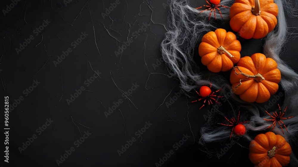 A dark background with a bunch of pumpkins and spiders A dark background with a bunch of pumpkins and spiders