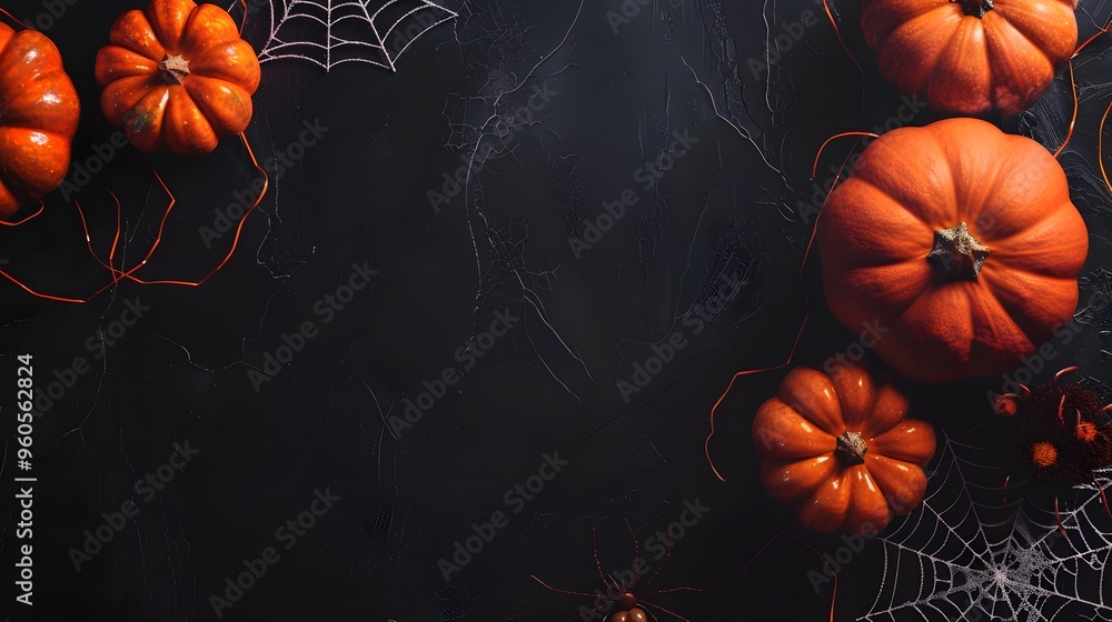 A dark background with a bunch of pumpkins and spiders A dark background with a bunch of pumpkins and spiders