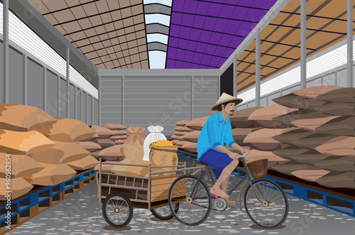 worker are riding bicycles with sidecars in the insustry vector design
