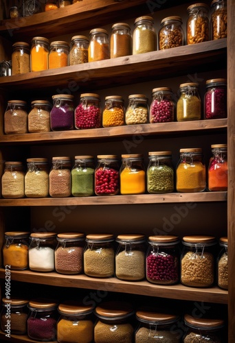 Wallpaper Mural vibrant pantry shelves displaying colorful array diverse food items neatly organized containers jars, storage, cooking, ingredients, spices, grains, cereals Torontodigital.ca