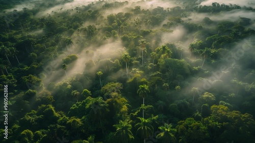 Gorgeous aerial view of conifer forest with fog drifting around at morning time with sunrise light