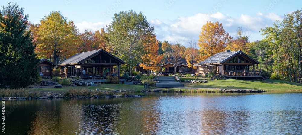 Peaceful lakeside retreat in autumn with cozy wooden cabins, perfect for relaxation and mindfulness practices Peaceful lakeside retreat in autumn with cozy wooden cabins, perfect for relaxation and mindfulness practices