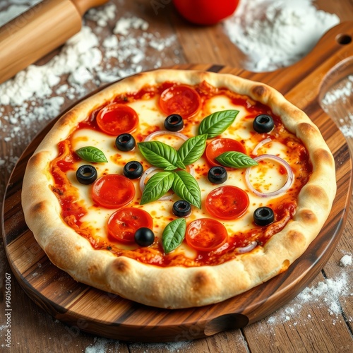 Pizza farcita con pomodoro, olive e foglie di basilico photo