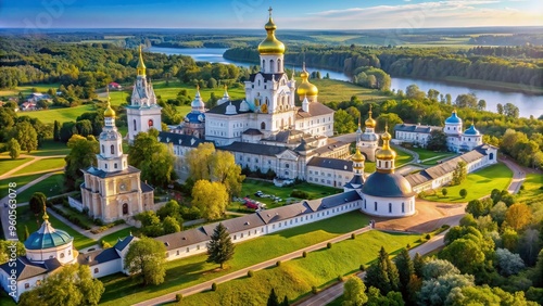 The high angle view of the Monastery of the Nilo Stolobenskaya Pustyn showcases the ancient architecture and peaceful setting of this historic Russian religious site, Monastery photo